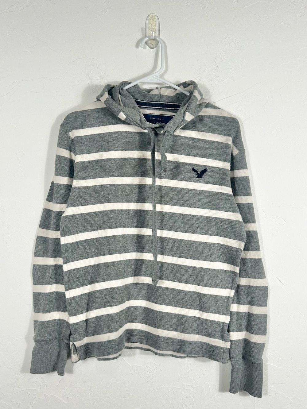 American Eagle Y2K Grey & White Striped Thermal Waffle Knit Hoodie